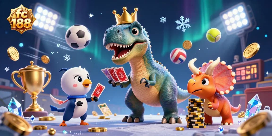 Strategically engage with fc 188 featuring T-Rex and friends in a lively casino scene.