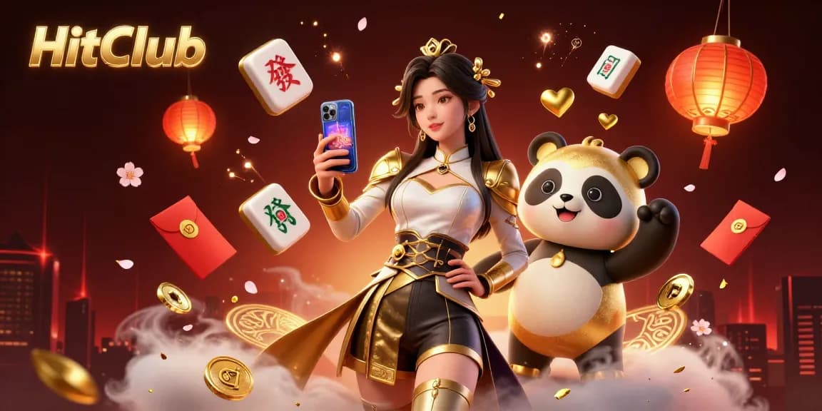 HitClub captivates with an Asian woman engaging in casino gaming, enhanced by vibrant game elements and festive motifs.