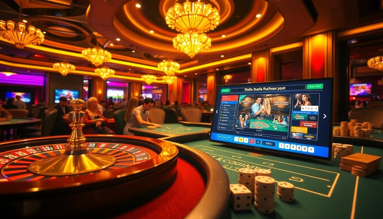 Experience thrilling gaming action at https://kuwincom.net/ with vibrant poker tables and roulette wheels.