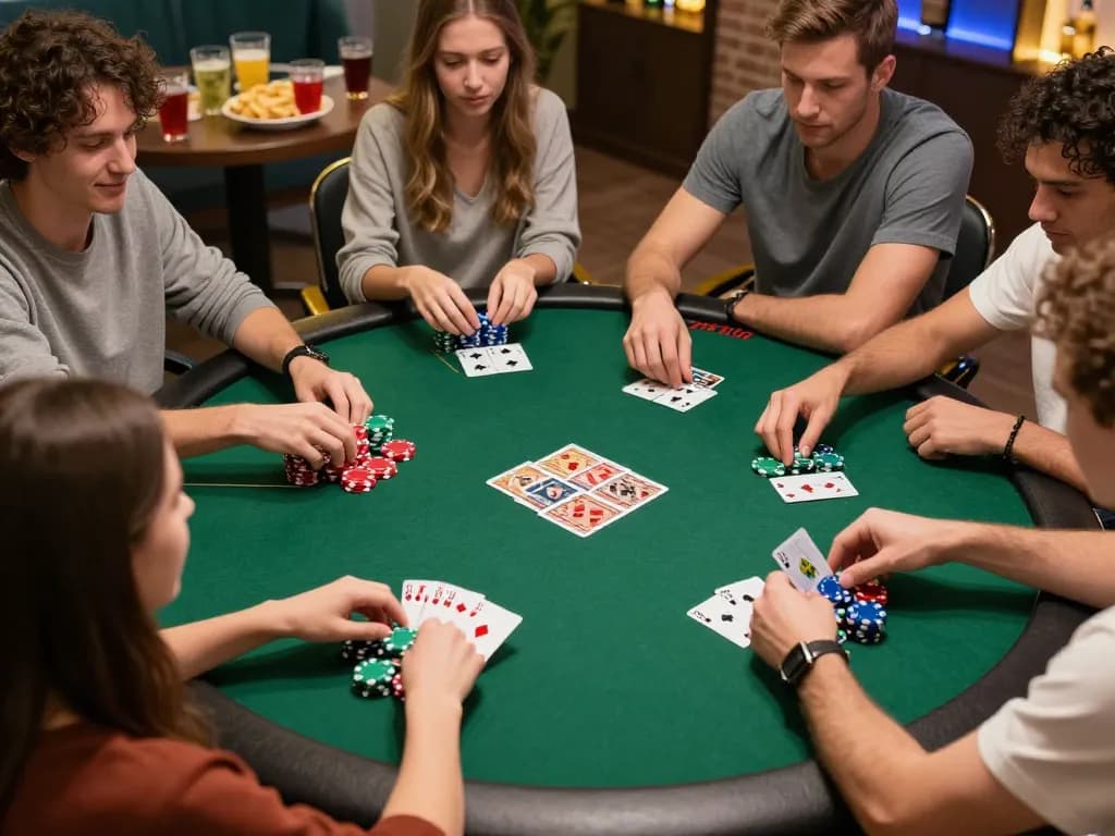 Friends strategizing in a lively poker game, showcasing a thrilling night with 13win tactics in play.