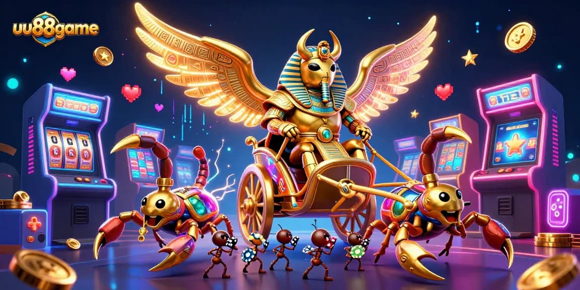 Experience thrilling casino action with uu88game, featuring a golden scarab and scorpion chariot.