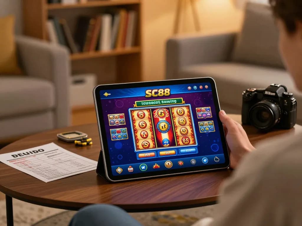 SC88 app user strategizing in cozy home environment while playing online slots.