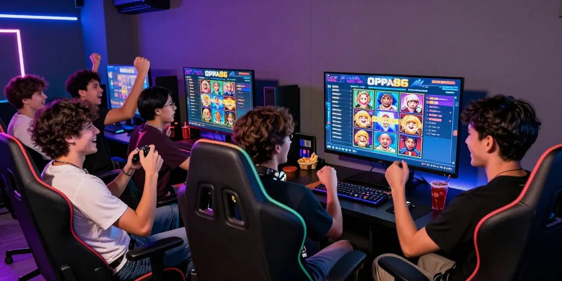 Exciting moment at OPPA86 gaming lounge with friends enjoying slot games.