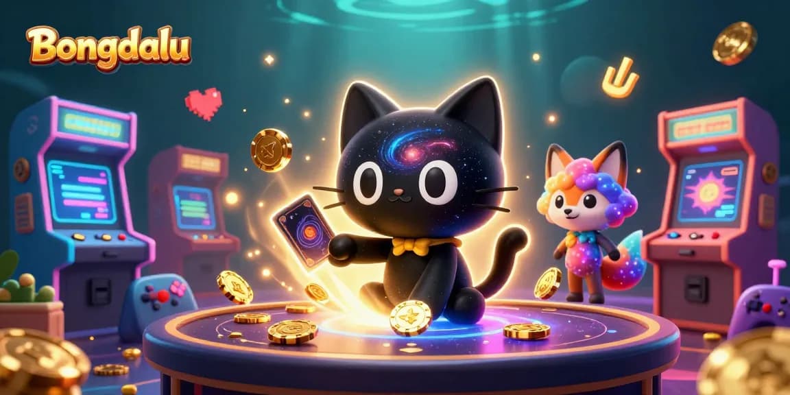 Bongdalu brings excitement with a black hole cat and nebula fox at a cosmic gaming table, filled with golden chips.