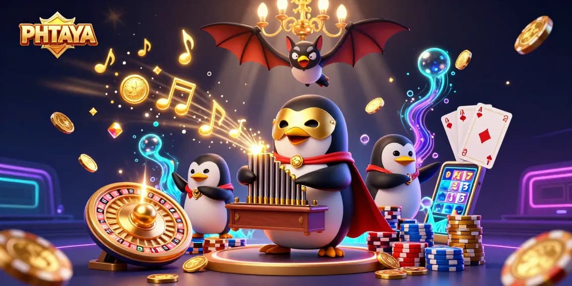 PHTAYA offers thrilling gambling with a cartoon penguin at an organ, creating a vibrant casino atmosphere.