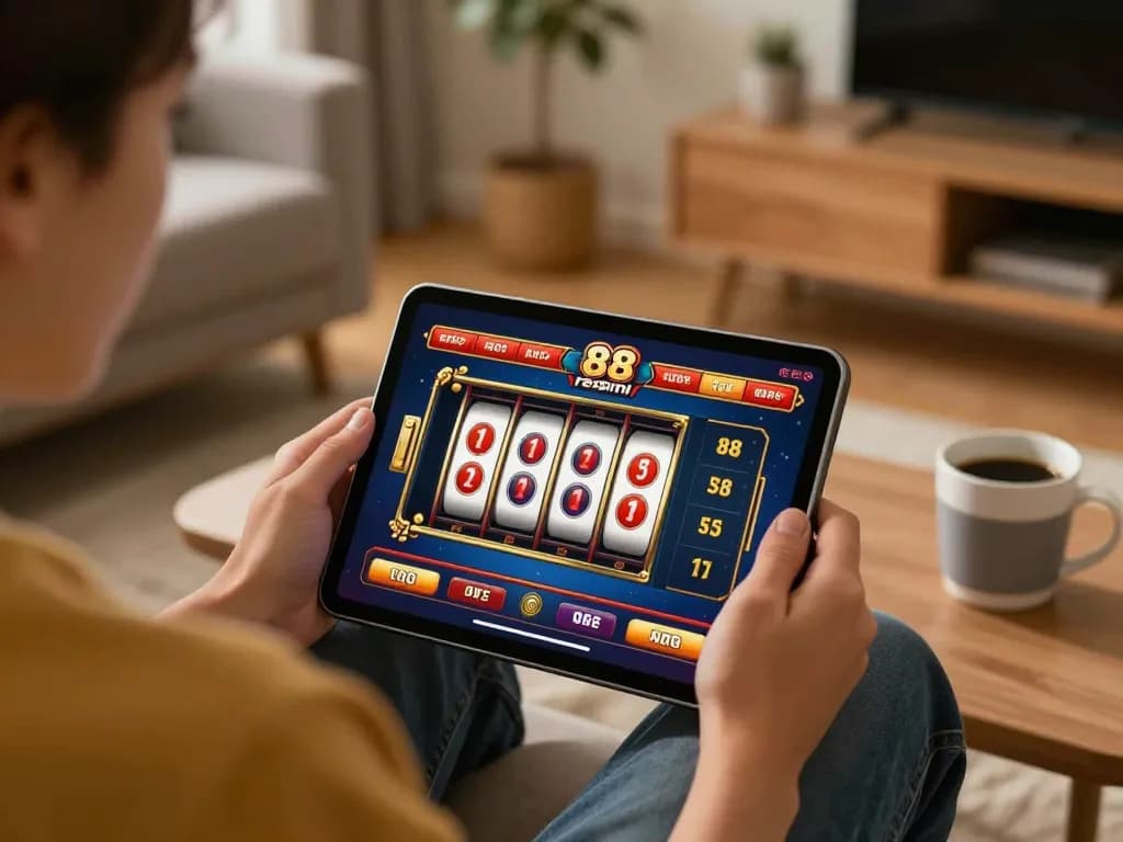 Engage with a slot88 resmi game on a tablet, showcasing an inviting home gaming atmosphere.