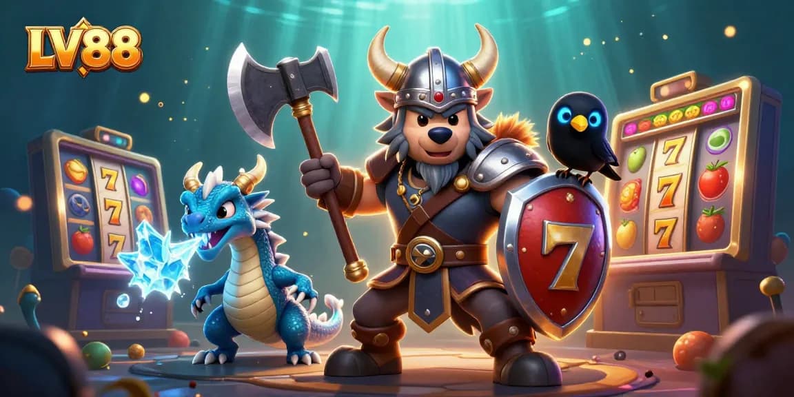 Experience thrilling LV88 slot action with a Viking warrior, dragon, and animated game elements.