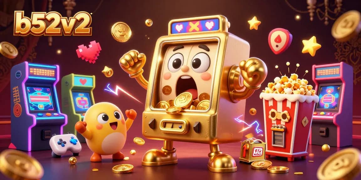 b52v2 slot machine hits jackpot with smaller machines cheering, vibrant casino scene.