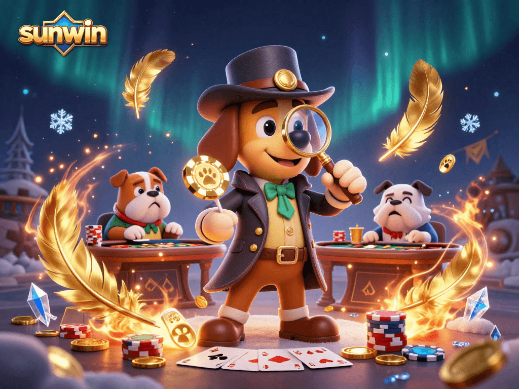Investigate the sunwin poker scene with a cartoon detective tracking clues and golden chips.