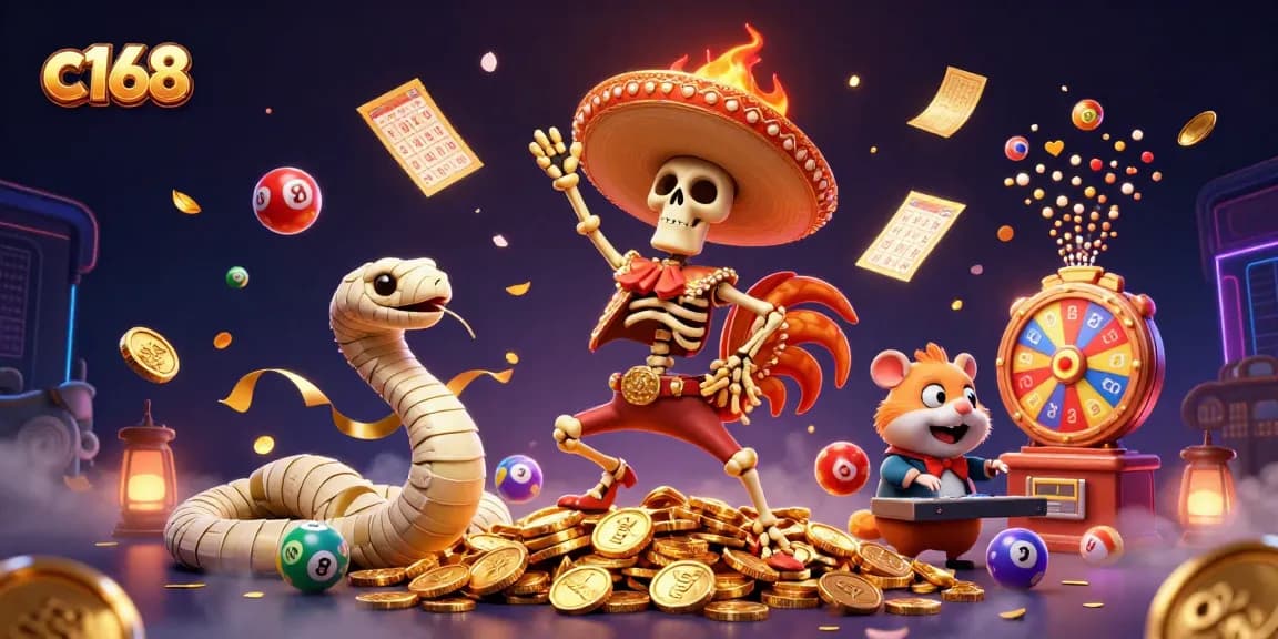 Celebrate winnings at c168 with a vibrant 3D casino scene filled with lottery excitement