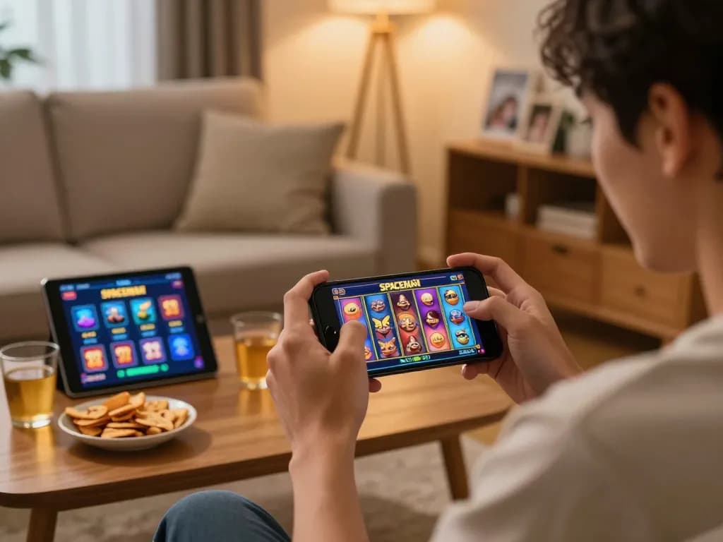 Engaging gameplay of the SPACEMAN slot game on smartphone in cozy home setting.