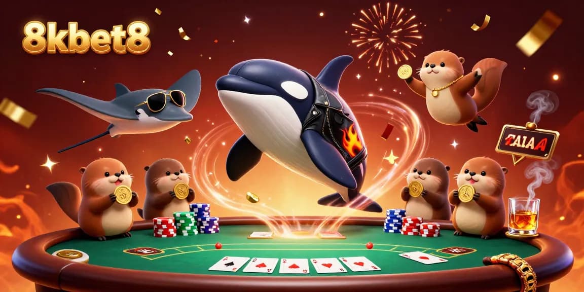Experience the thrill of 8kbet8 with vibrant casino-themed characters and dynamic poker action.
