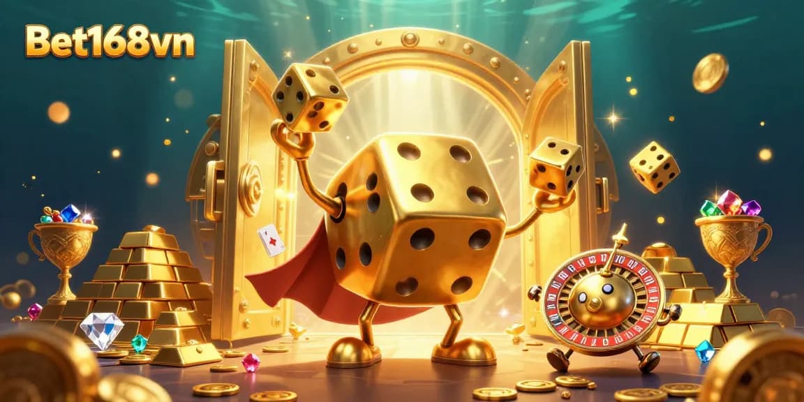 Experience thrilling wins at Bet168vn with a vibrant casino scene featuring golden dice and dynamic gameplay elements.
