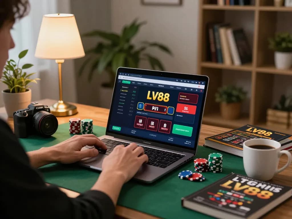 Player engaging with LV88 online casino on laptop, surrounded by gaming strategy notes and chips.