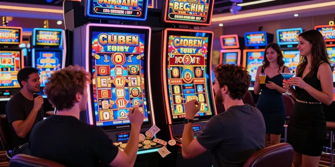 Players celebrating at a slot machine after hitting the jackpot in a vibrant casino