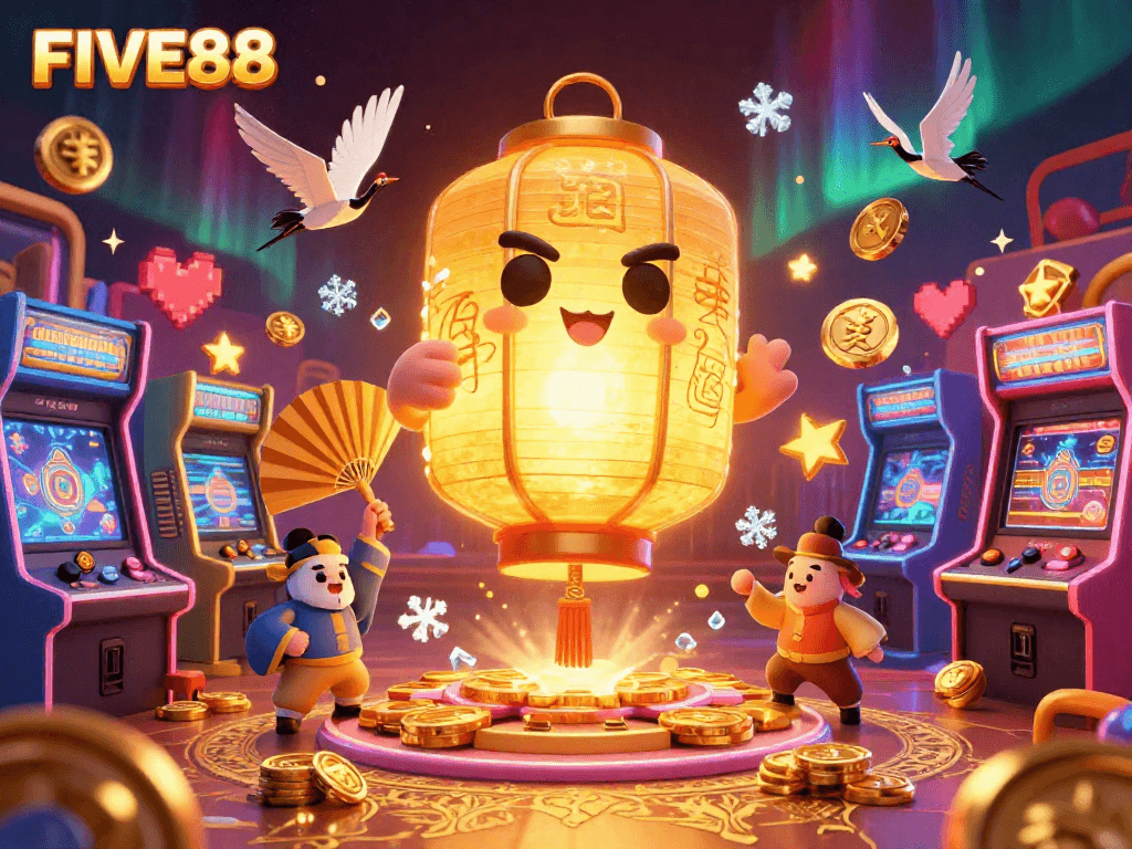 Engage with the vibrant fantasy casino world of FIVE88, showcasing energetic characters and game elements.