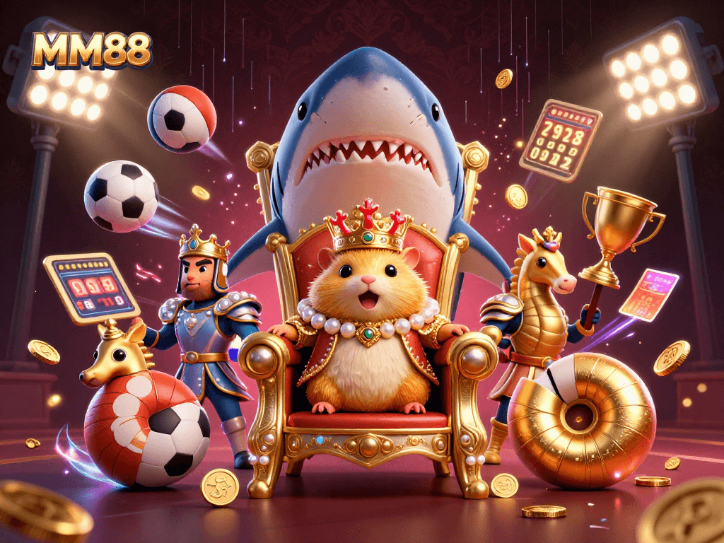 Engage with MM88, featuring a golden hamster king in a dynamic casino scene filled with sports elements.