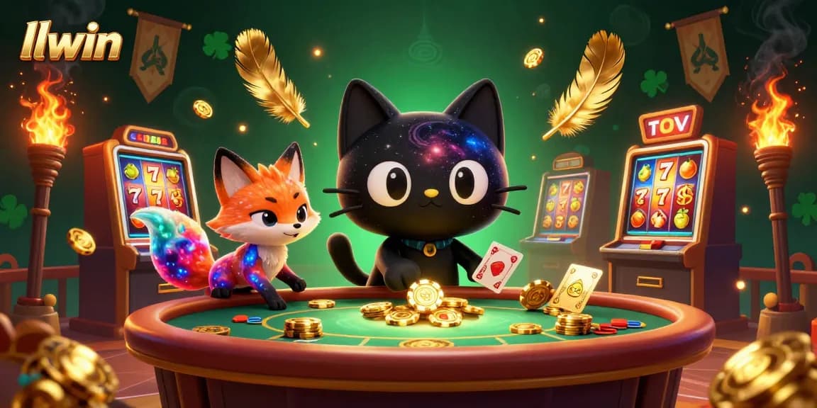 Engage in thrilling casino action with LLWIN in a vibrant 3D cosmos visual, featuring lucky chips and a colorful companion.