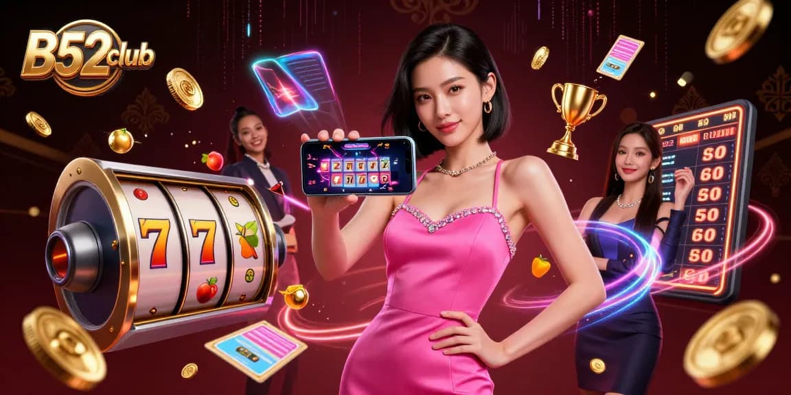 Experience gaming excitement at B52club with a stylish woman showcasing live dealer games and vibrant casino elements.
