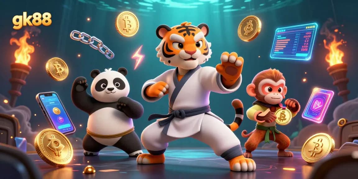 Engage with gk88’s vibrant casino experience showing a kung fu master, panda disciple, and monkey student amidst glowing crypto coins.