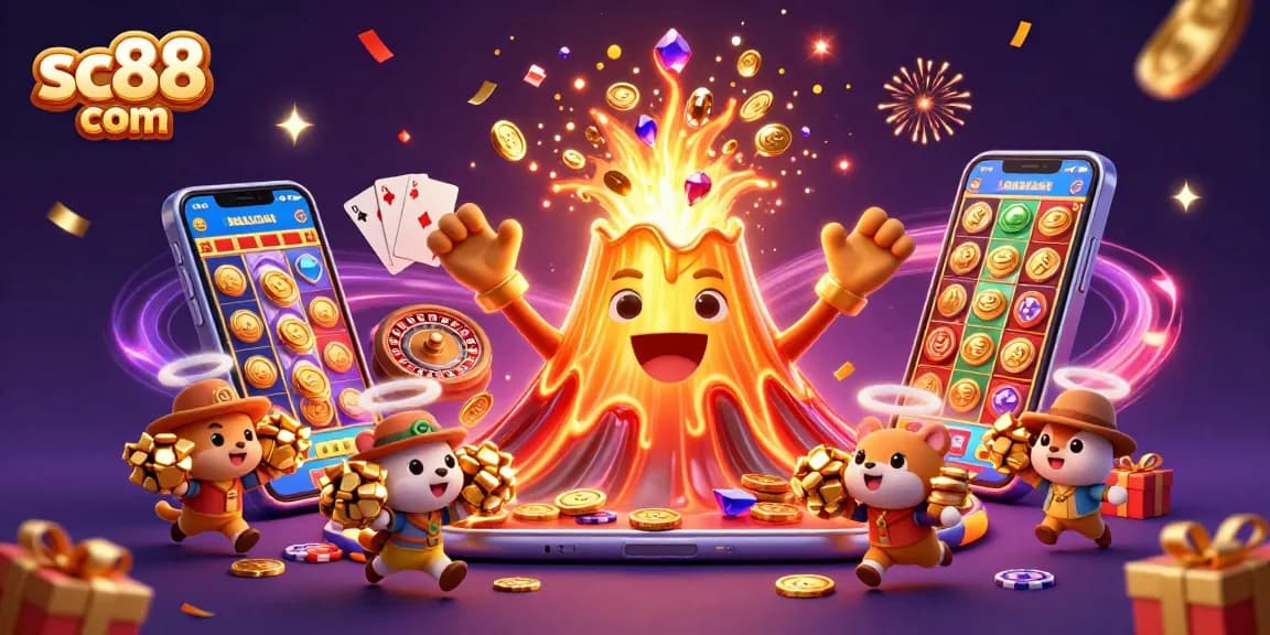 Experience the thrill of sc88 com with a vibrant 3D casino scene featuring a golden volcano and slot game action.
