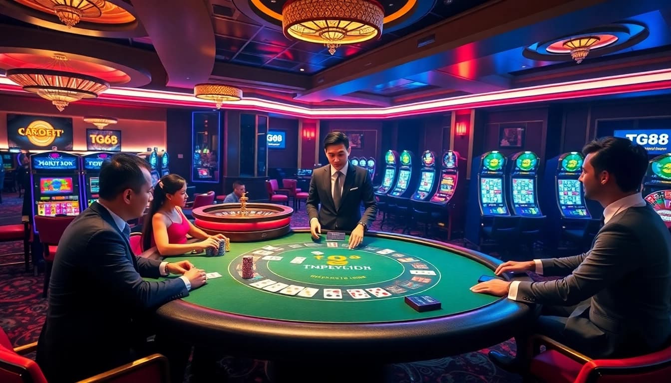 Engaged players at TG88 poker table enjoying a professional casino atmosphere.