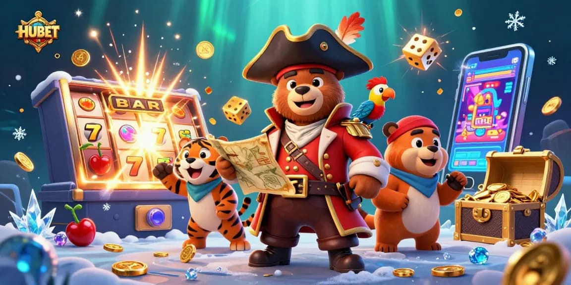 Experience the thrill of HUBET with a dynamic casino scene featuring vibrant game elements and characters.