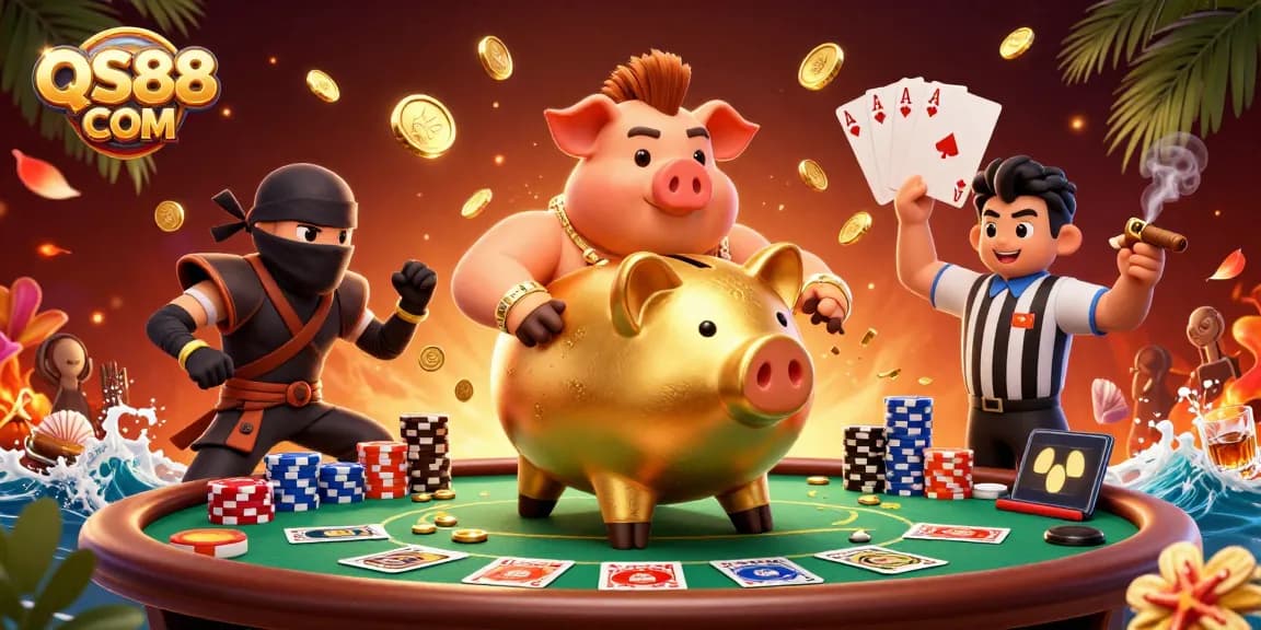 Experience thrilling poker action at QS88 COM with animated characters battling at the gaming table.