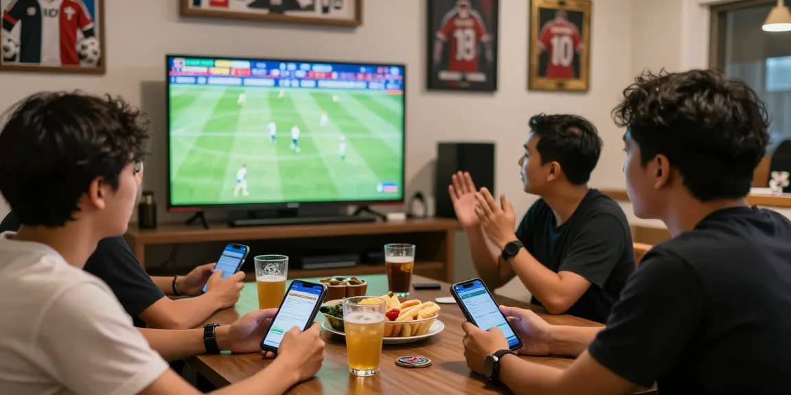 Teman berkumpul menonton pertandingan judi bola dengan antusiasme tinggi dan perangkat mobile terlihat.