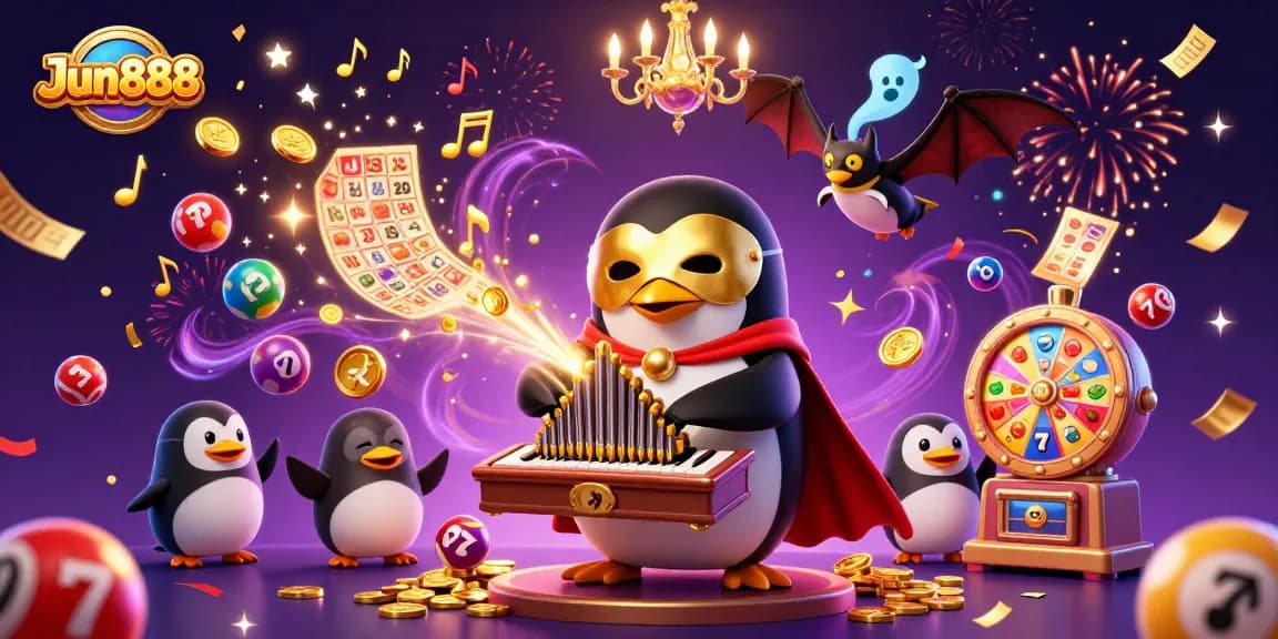 Experience Jun888 with vibrant casino elements, golden coins, and dynamic lottery action.