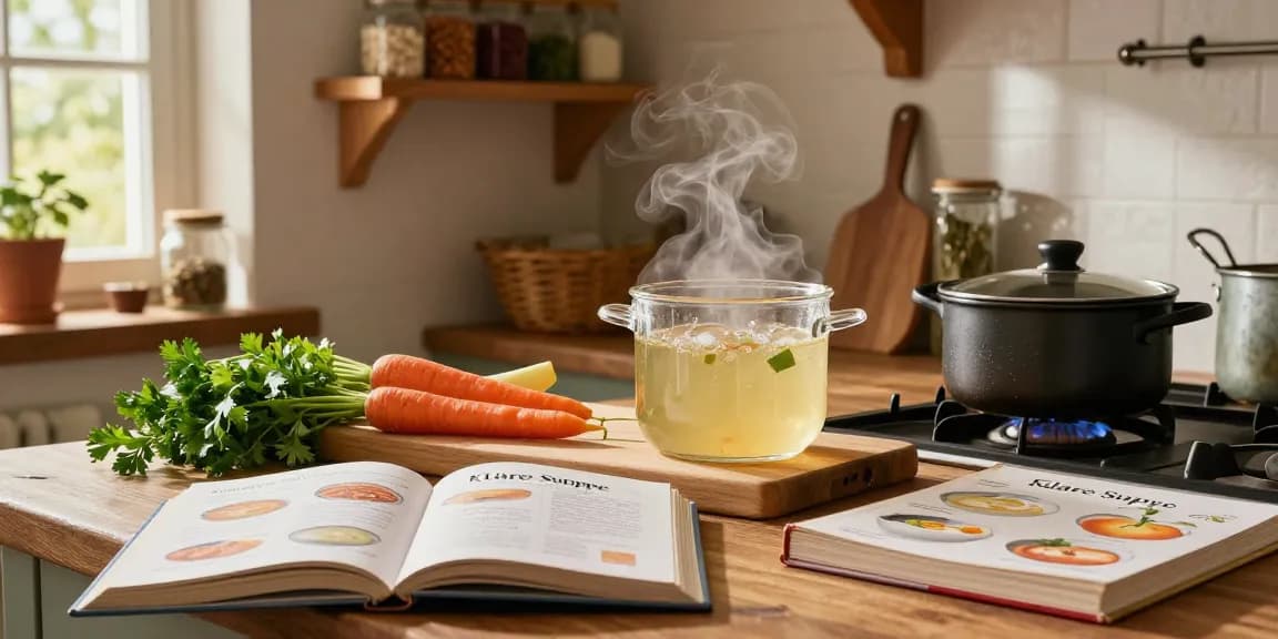 Leckere Zubereitung von Klare Suppe in einer gemütlichen Küche mit frischem Gemüse und Kräutern.