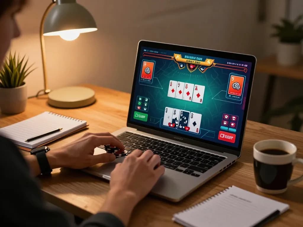 Engaging in a poker game on Sunwin platform with an inviting home office setup.