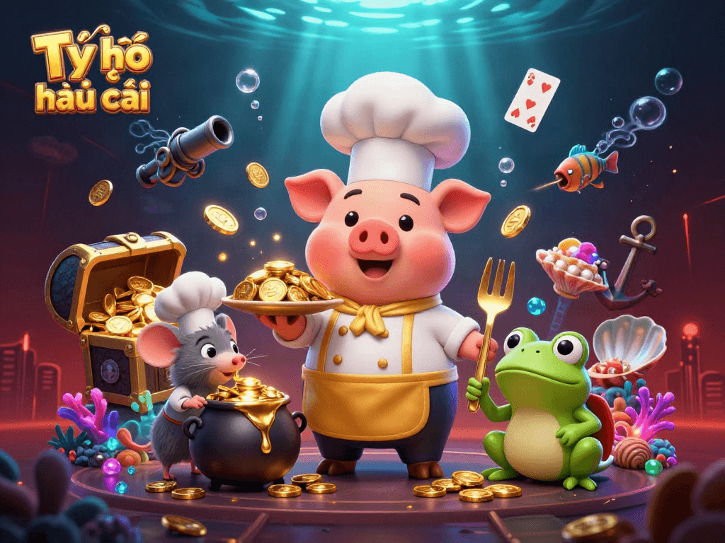Engage with Tỷ lệ kèo nhà cái as a chef pig serves up gold coins amidst underwater treasures, capturing the thrill of betting.