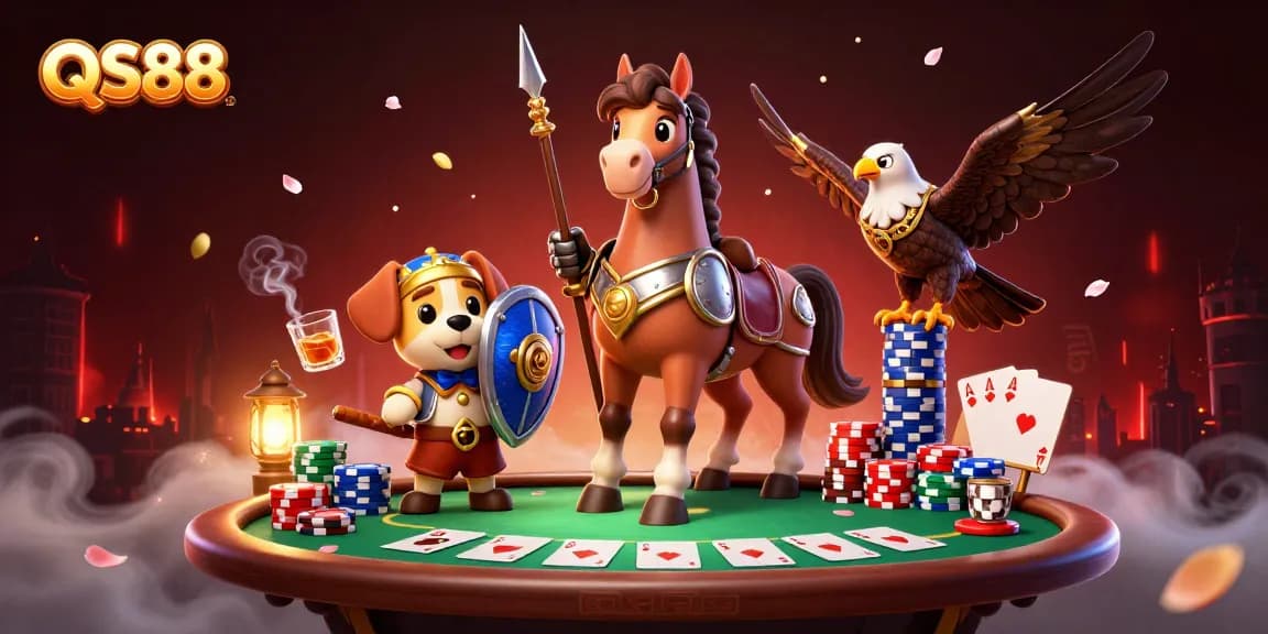 Join the excitement at QS88, featuring a vibrant poker scene with knights and a falcon.