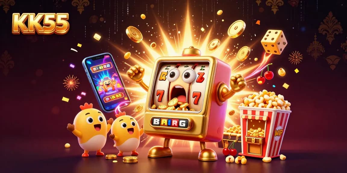 Experience KK55's thrilling jackpot moments as cartoon slot machines celebrate amidst a golden coin explosion.