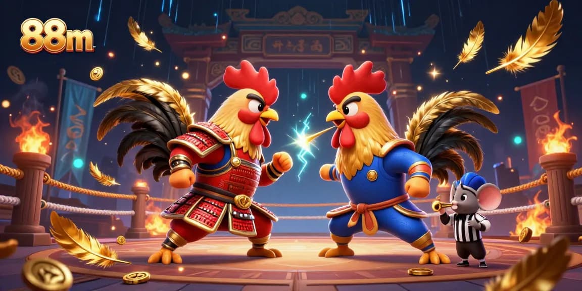Experience thrilling cockfighting at 88m with dramatic showdown illustrations of roosters and exciting game elements.