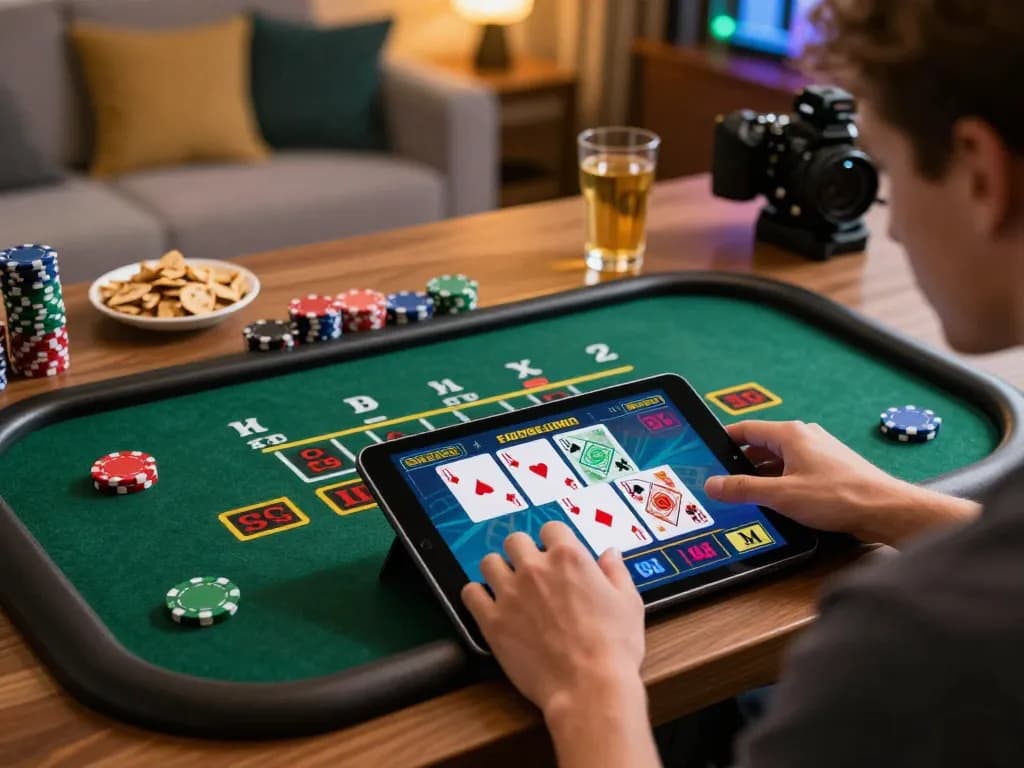 Player engaging in blackjack through LLWIN app on tablet in cozy home setting.