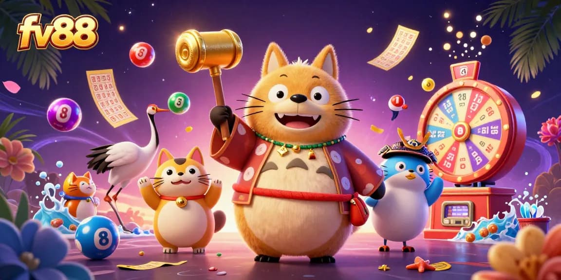 Experience dynamic gaming action with fv88's colorful characters and lottery elements in a vibrant casino scene.