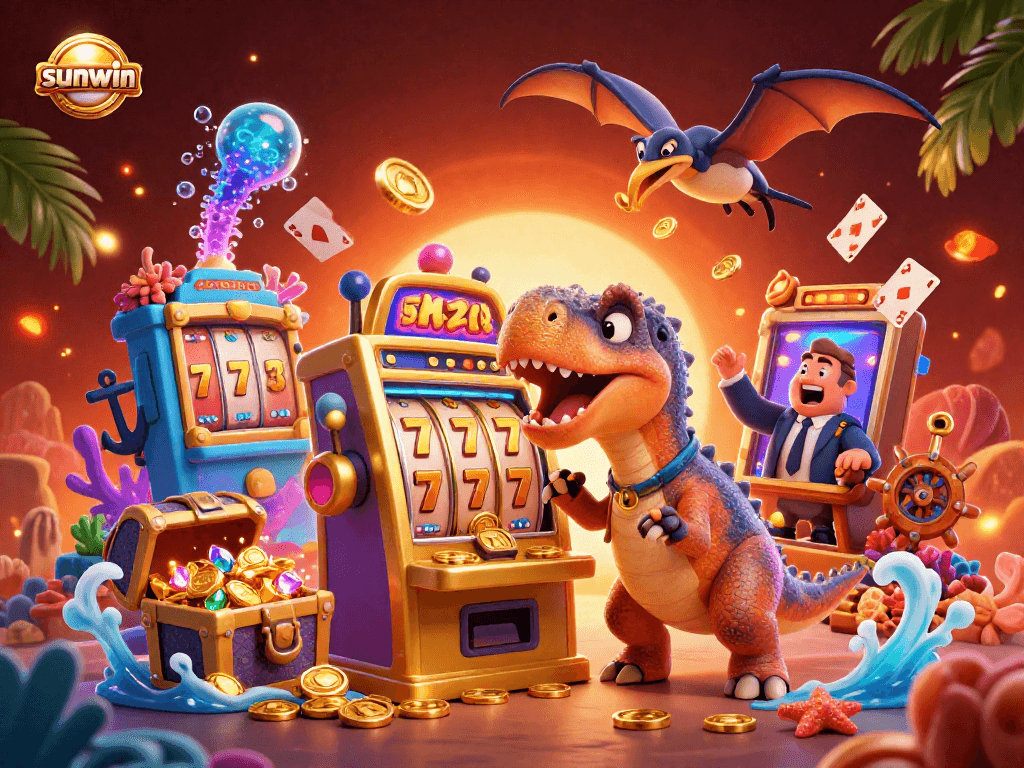 Experience the excitement at sunwin with a dynamic scene of dinosaurs winning jackpots.