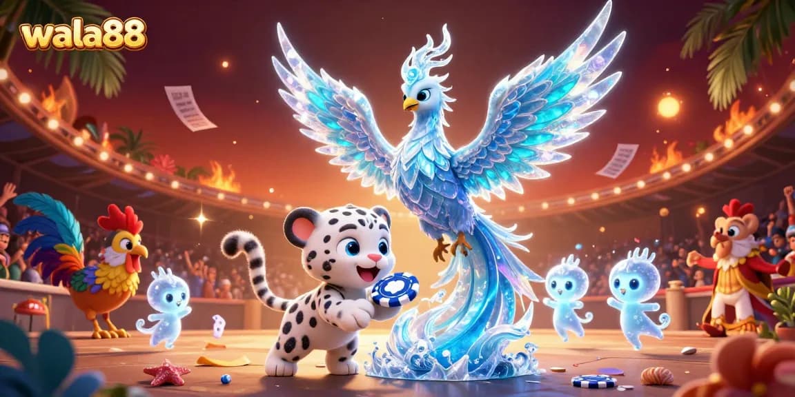 Watch thrilling cockfighting action with wala88 featuring an ice phoenix and vibrant gambling elements.