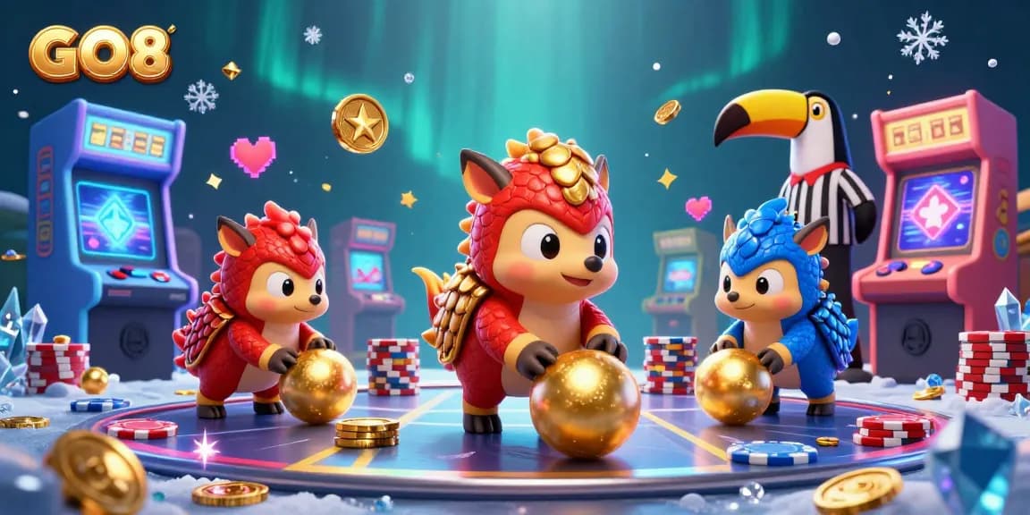 Engage in thrilling gameplay at GO8 with cartoon pangolins bowling through poker chips in an exciting casino scene.
