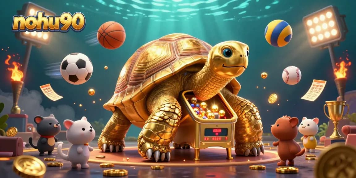Nohu90 casino gaming illustration with a golden tortoise pinball machine, dynamic sports balls, and vibrant betting elements.