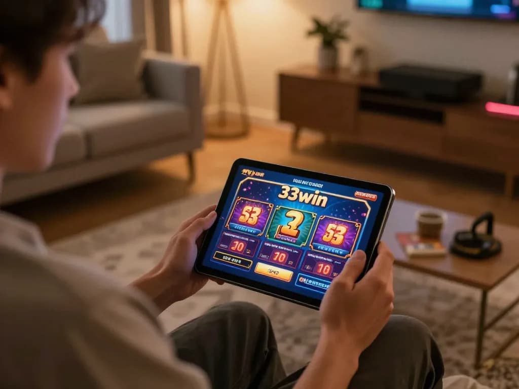 Engaging gaming session at home with casino 33win displayed on tablet, portraying responsible entertainment.