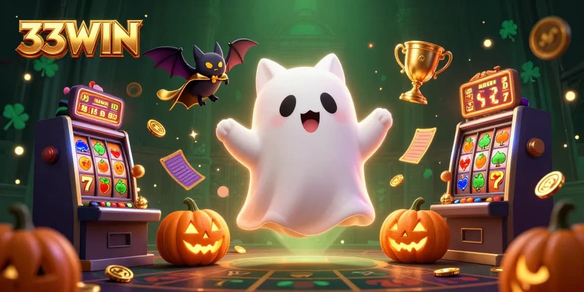 Engage with 33WIN's vibrant animated casino scene featuring a friendly ghost cat and vampire bat.