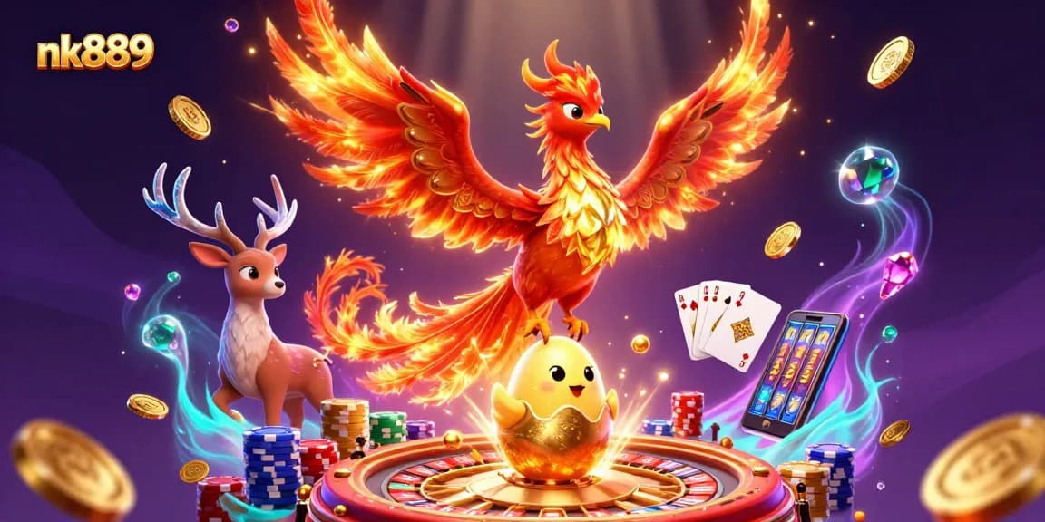 Experience excitement with nk889 amidst a vibrant casino illustration featuring dynamic game elements.
