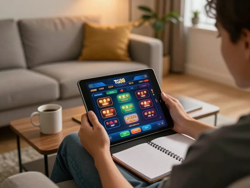 Engaging online gaming session with tg88 app displayed on tablet, cozy living room setting