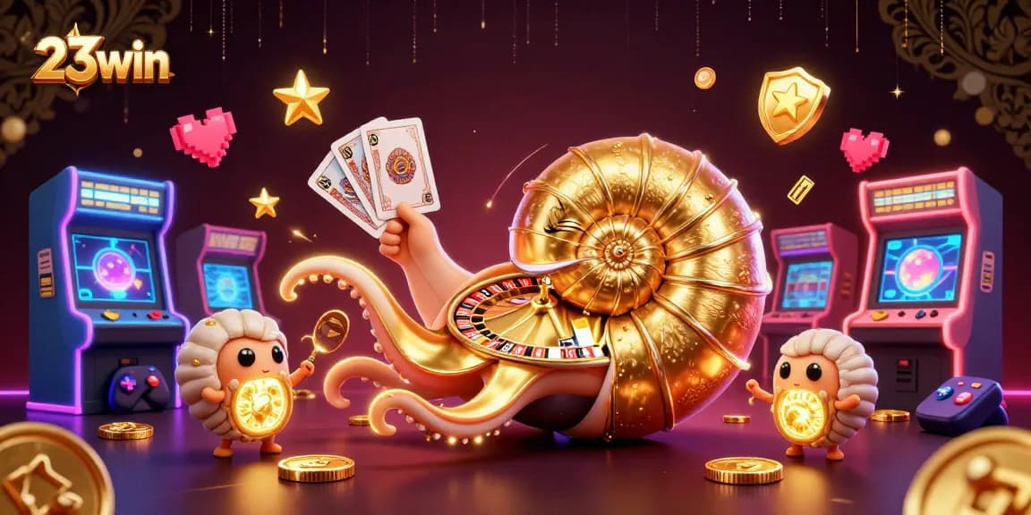 Engage with the stunning world of 23win through an animated casino scene filled with vibrant characters and gaming elements.