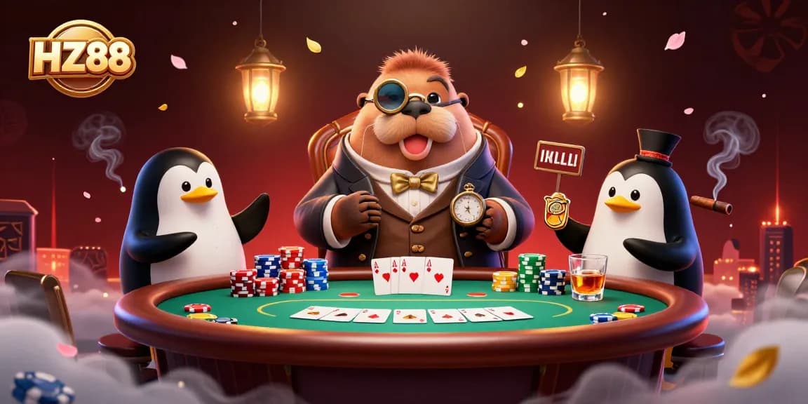 Experience thrilling poker gameplay at HZ88 with iconic characters in a vibrant, immersive scene.