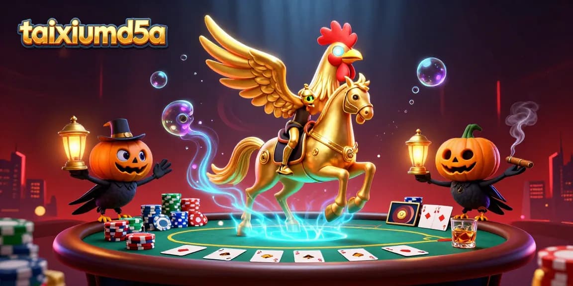 Experience thrilling action at taixiumd5a with a golden rooster and poker elements in a vivid casino.