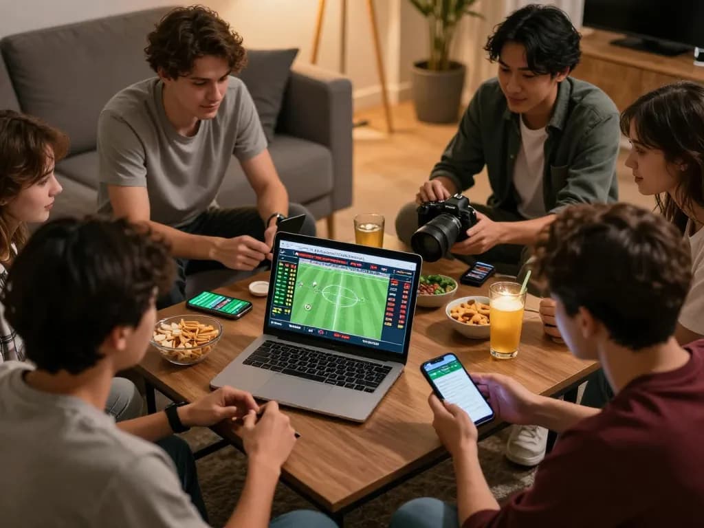 Kết quả bóng đá displayed on betting apps as friends strategize for sports betting in a cozy living room.